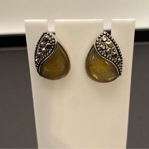 Kenneth Cole Olive Teardrop Stone and Marcasite Silver-Tone Earrings